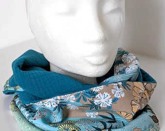 Women's Double Snood with Japanese Floral Pattern in Turquoise Viscose & Cotton Gauze