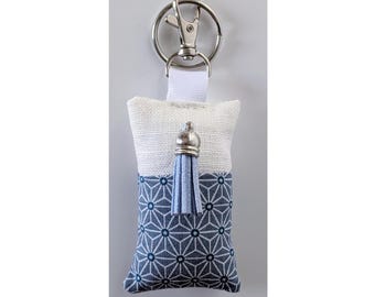 Handmade Fabric Keychain in Storm Blue Japanese Pattern & White Linen