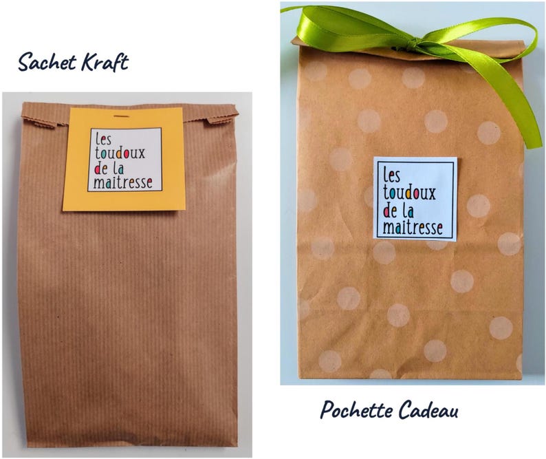 May include: Two brown paper bags. The left bag is plain with a yellow square label reading "les toudoux de la maitresse". The right bag features light polka dots, a green ribbon tie at the top, and a white square label reading "les toudoux de la maitresse".