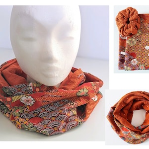 Women's Double Wrap Snood, Japanese Red Yin Pattern and Double Squirrel Gauze with Gold Touch, Handmade in France