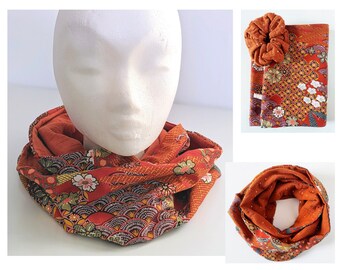 Snood Double Tour Femme, Motif Japonais Yin Rouge et Double Gaze Écureuil Touche Dorée, Fait Main en France