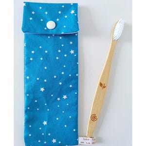 Zahnbürsten- und Zahnpasta-Etui - Schillernder blauer wasserdichter Stoff - Handgefertigt in Frankreich