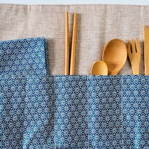 Pochette Roulée pour Couverts, Serviette & Baguettes - Tissu Imperméable Japonais Bleu Canard