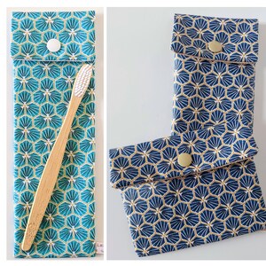 Toothbrush & Toothpaste Case, Kikkô Turquoise/Petrol Waterproof Fabric, Toiletry Pack Option, Handmade in France Personalized