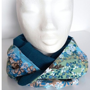 Double Wrap Snood with Japanese Pattern - Duck Green Cotton Gauze Lined Scarf - Best Friend Gift Handmade in France