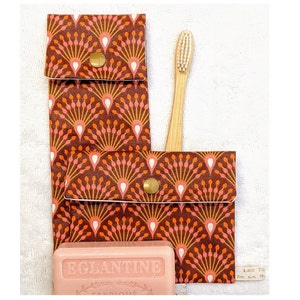 Toothbrush/Toothpaste Case & Waterproof Soap Pouch, Art Deco Ginza Plum/Orange Fabric, Toiletry Pack Option, Handmade in France
