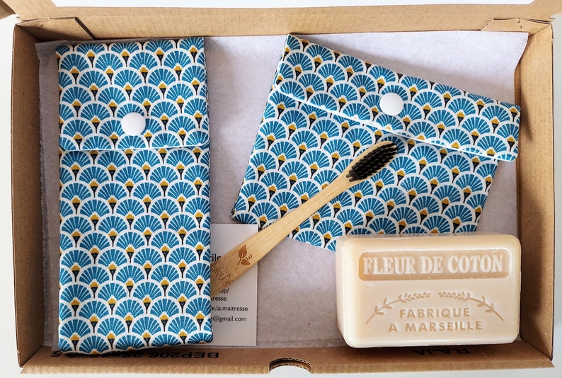 Etui Brosse à Dent/Dentifrice & Pochette à Savon, Tissu Imperméable Eventail Turquoise, Fait Main en France Personnalisé image 9