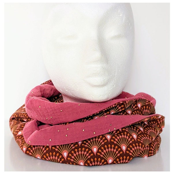 Snood Femme Motif Art Déco Prune et Orange, Snood Double Tour,  Gaze de coton Touche Dorée Rose ou Corail, Fait Main en France