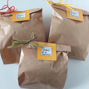 May include: Three brown paper bags with folded tops, each adorned with a yellow tag featuring text. The bags are tied with ribbons in red, yellow, and green. The text on the tags reads "les toudoux de la maitresse."