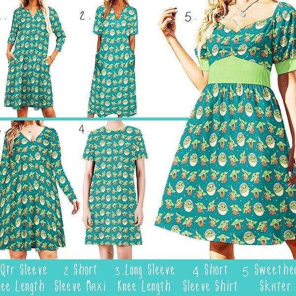 Baby Yoda Grogu Teal Sleeved Dresses | disneybound disney world disneyland star wars mandalorian sweetheart cosplay costume clothing apparel