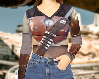 Camisa feminina de manga comprida com decote em V Mandalorian | Disney World Disneyland Star Wars fantasia cosplay de manga comprida Cruise Activewear