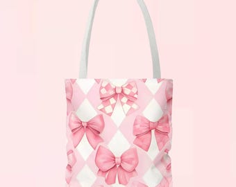 Coquette Harlequin Bows Soft Canvas Tote Bag | cute girly style grandma cottagecore casual lolita fashion wear shoulder handbag purse