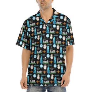 Haunted Mansion Collage Adults Kids Short Sleeve Button Up Shirt | disney hawaiian button up cruise camp shirt