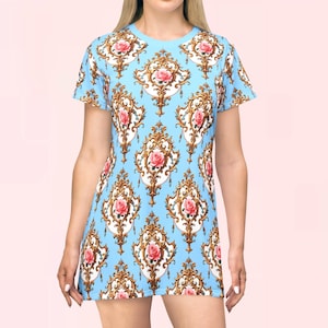 Baroque Rose Diamante Tshirt Dress Nightgown | blue girly cottagecore dollette princesscore coquette hime gyaru fashion outfit jsk clothing