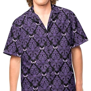 Haunted Mansion Purple Adults Kids Short Sleeve Button Up Shirt | goth disney hawaiian button up cruise camp shirt