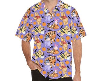 Halloween Winnie the Pooh Adults Kids Short Sleeve Button Up Shirt | disney world disneyland tigger piglet plus size family group hawaiian