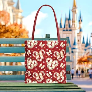 White Gold Poinsettias Minnie Soft Canvas Tote Bag | disney world disneyland traditional coquette christmas outfit shoulder handbag purse