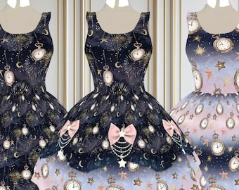 Celestial Magic Dresses Fireworks & Clocks XS-3XL | crescent moon print celestial fashion gothic lolita-dress