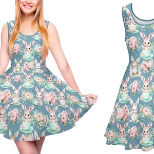 Spring Bunny Tea Cups Dresses | womens casual cottagecore cottage core sweet lolita swing dapper day plus size puff sleeve jsk clothes