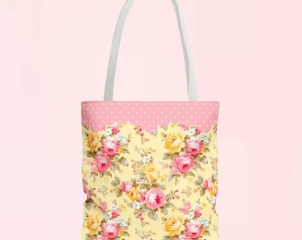 Cottagecore Yellow Pink Roses Soft Canvas Tote Bag | floral grandma cottage core coquette casual lolita fashion wear shoulder handbag purse