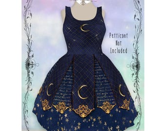 Halloween Spellbound Dress XS-3XL | gothic blue lolita, crescent moon print, wiccan witchy dress, moon fashion
