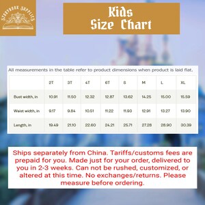 The image is a size chart for kids, providing measurements for bust, waist, and length in different sizes. The chart is designed to help customers determine the appropriate size for their child based on their measurements.