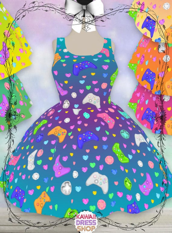 Jeweled Gamer Girl Dress, '90s Colors |   kawaii video game gift for gamer girl geek nerdy fashion style dress