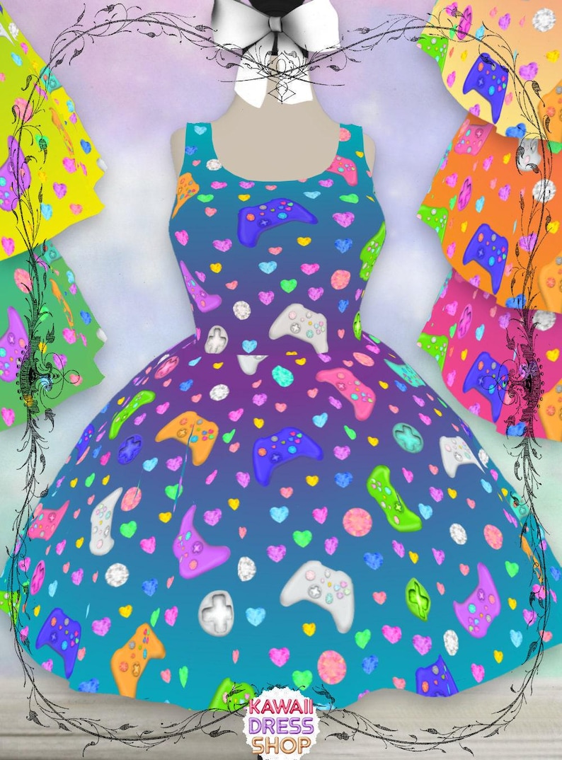 Jeweled Gamer Girl Dress, '90s Colors | kawaii video game gift for gamer girl geek nerdy fashion style dress Blueberry Grape