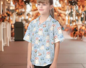 Grandmillennial Ghosts Adults Kids Short Sleeve Button Up Shirt | mommy and me cottagecore pastel halloween coquette plus size hawaiian