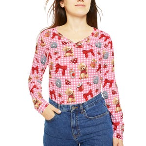 Valentines Bears N Bows Womens Long Sleeve Vneck Shirt | coquette kawaii decora fairy kei casual lolita lolitafashion outfit clothes wear