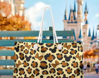 Minnie Mouse Leopard Print Tan Black Weekender Bag | disney world disneyland 80s 90s Y2K gyaru cheetah clothes tote purse suitcase duffle