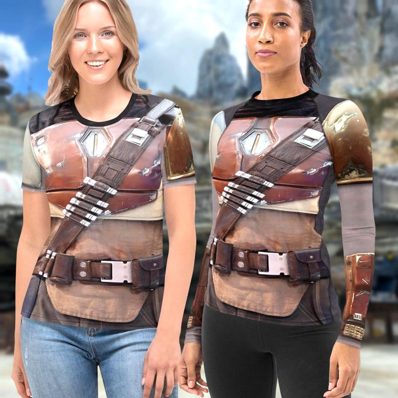 Two women wearing t-shirts with a futuristic, space-themed design.