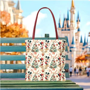 Retro Christmas Mickey Minnie Soft Canvas Tote Bag | disney world disneyland traditional christmas outfit shoulder tote bag handbag purse