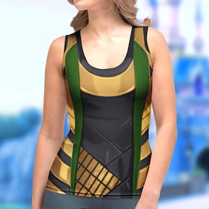 a woman wearing a tank top with a castle in the background