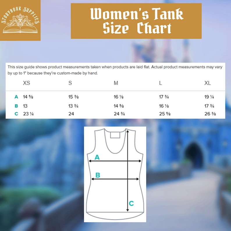 a women's tank size chart with a castle in the background