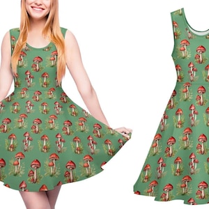 Mushroom Floral Green Skater Dress | boho otome whimsigoth goblincore lolita swing dapper day puff sleeve jsk outfit style clothes apparel