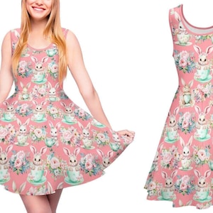 Spring Bunny Tea Cups Dresses | womens casual cottagecore cottage core sweet lolita swing dapper day plus size puff sleeve jsk clothes