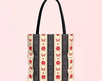 Ravishing Roses Stripes Soft Canvas Tote Bag | floral goth gothic cottage core coquette casual lolita fashion wear shoulder handbag purse