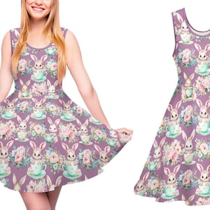 Spring Bunny Tea Cups Dresses | womens casual cottagecore cottage core sweet lolita swing dapper day plus size puff sleeve jsk clothes