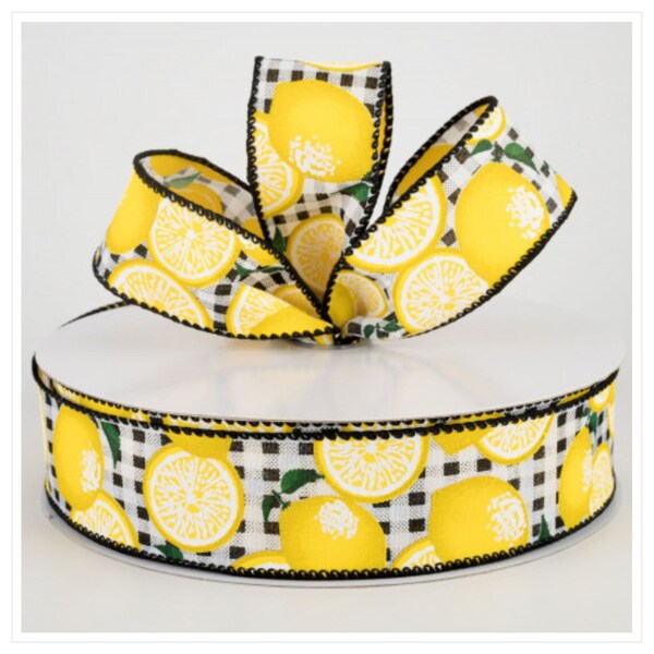 1.5" Lemon's on Black and White Gingham Wired Ribbon, Lemon Ribbon, Gingham Ribbon, 5 Yards of Ribbon, Ribbon by the Yard, Cut to Size