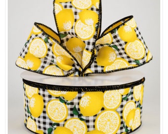 2.5" Lemon's on Black and White Gingham Wired Ribbon, Lemon Ribbon, Gingham Ribbon, 5 Yards of Ribbon, Ribbon by the Yard, Cut to Size
