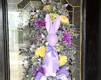 Purple Flocked Bunny Easter Swag, Easter Wreath, Lilac Bunny, Easter Decor, Spring Wreath, Door Swag, Holiday Decor, Bunny Wreath