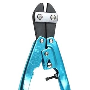 May include: A pair of bolt cutters with a black cutting head and bright blue handles. The tool has a pivot point and a locking mechanism. The handles are textured for grip.