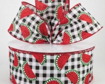 Watermelon Slices Ribbon: Black and White Check, Red Edging - 2.5" x 10 Yard Roll