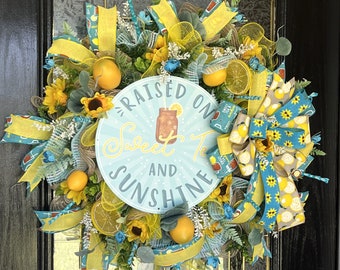 Raised on Sweet Tea and Sunshine Wreath, Summer Front Door Decor, Lemon Wreath, Sunflower Wreath, Porch Decor, Lemon Decor, Everyday Wreath