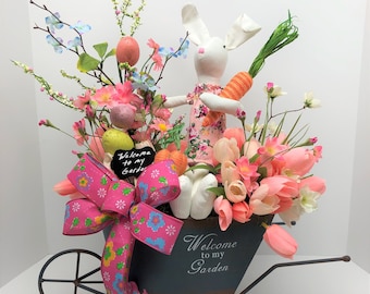 Bunny Floral Arrangement, Wheelbarrow Floral Arrangement, Spring Table Decor, Easter Centerpiece, Spring Centerpiece, Easter Table Decor