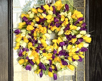 Purple Yellow Green Tulip Spring Wreath, Grapevine Wreath, Floral Wreath, Tulip Decor, Everyday Door Decor, Mother's Day Gift, Birthday Gift