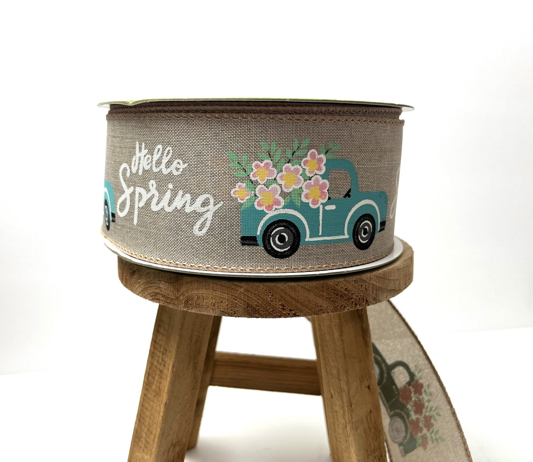 Hello Spring Wired Ribbon: Vintage Turquoise Truck, Floral (50 Yard ...