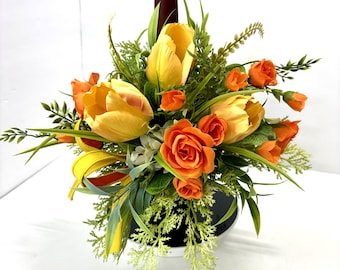 Tulip and Rose Wine Bottle Bouquet, Rose Floral Arrangement, Hostess Gift