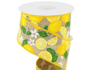 May include: A roll of yellow and brown ribbon with a lemon print. The ribbon has a yellow edge and is made of burlap.
